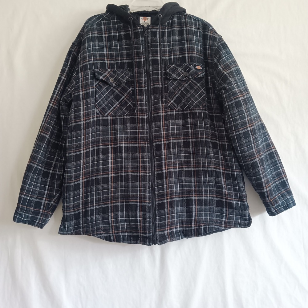 Dickies Flannel Jacket Mens XL Blue Plaid Excellent Quilted Hooded Zip Shirt